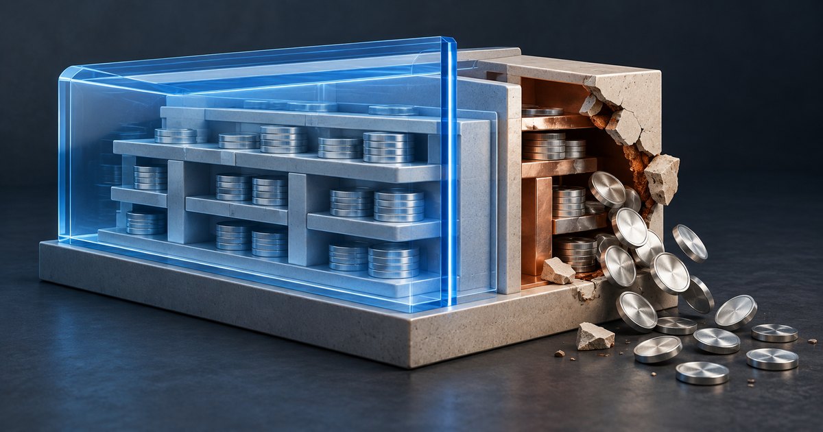 Editorial illustration: A transparent blue barrier protects the front of a compartmented vault containing silver coins. Its uncovered right side is cracked open, with coins spilling onto the dark floor.