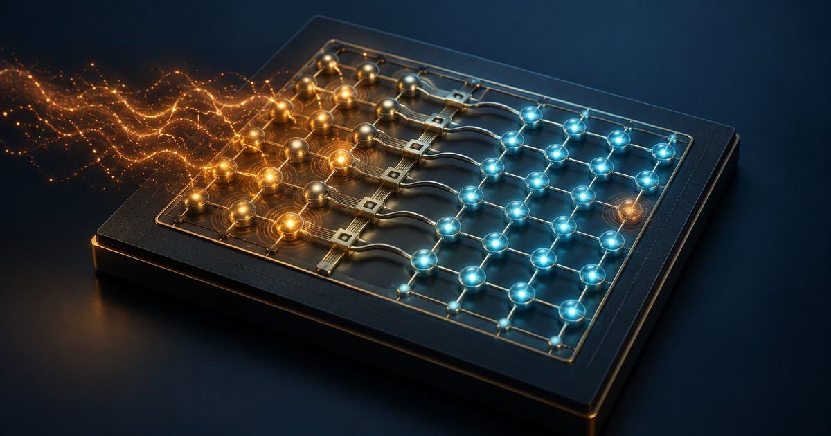 Editorial illustration: An angled chip with connected glowing nodes, orange waves entering from the left, and a mostly blue lattice on the right with one orange node.