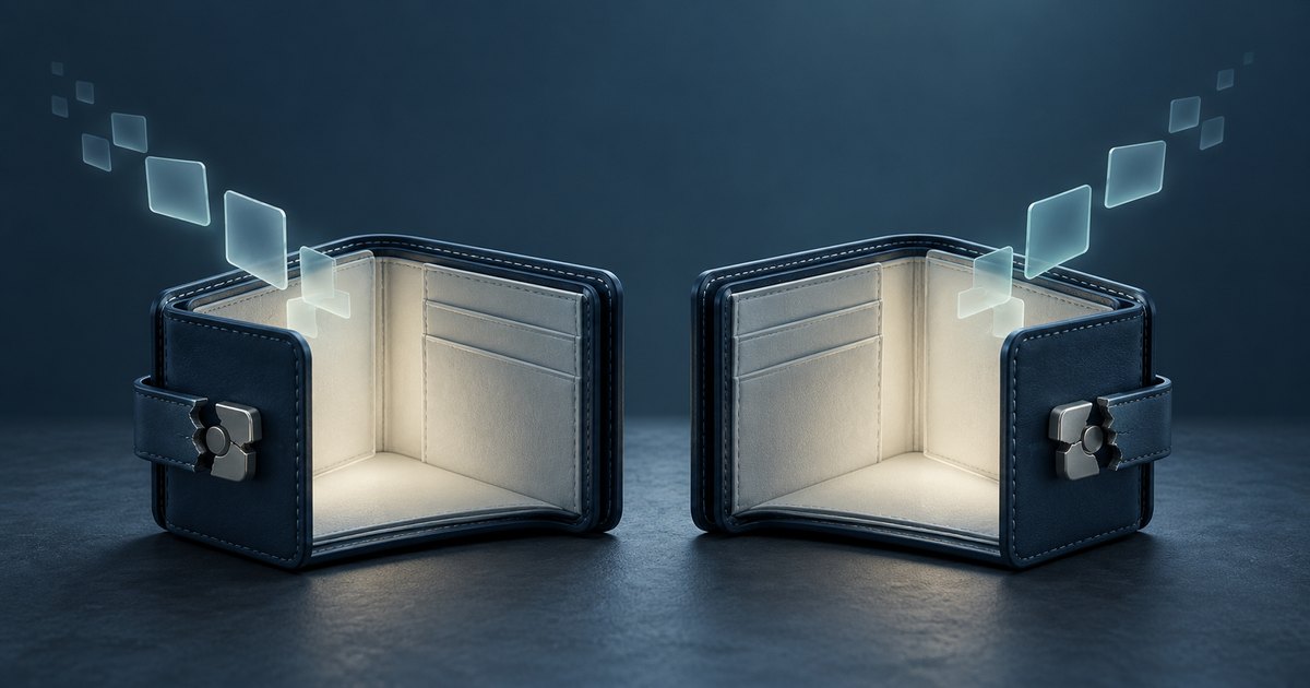 Editorial illustration: Two open, empty navy wallets with broken fasteners sit side by side as translucent square tiles rise from their illuminated interiors.