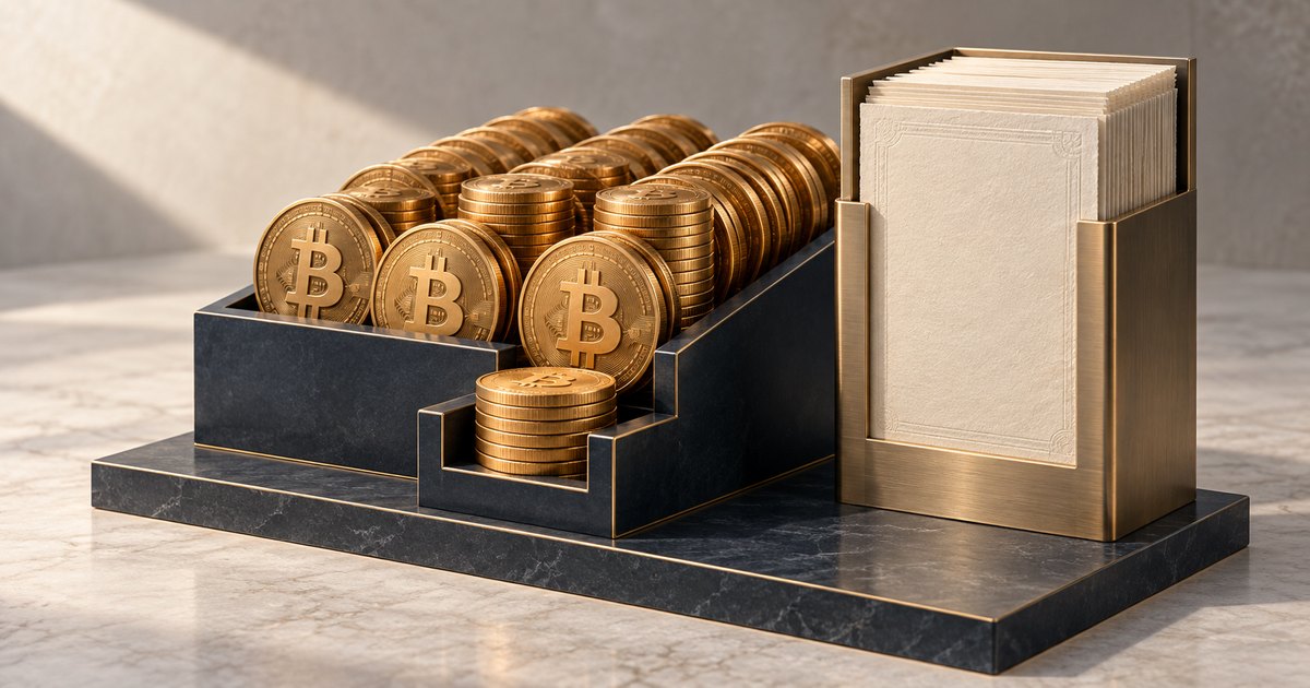 Editorial illustration: Gold Bitcoin coins arranged in a dark tiered tray beside a brass holder filled with blank, bordered papers on a marble surface.