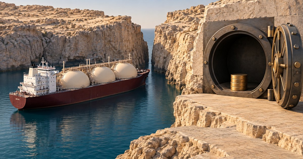 Editorial illustration: An LNG tanker with three pale rounded tanks sits in a narrow blue channel between rocky cliffs. An open vault on the right contains a small stack of gold-colored coins.