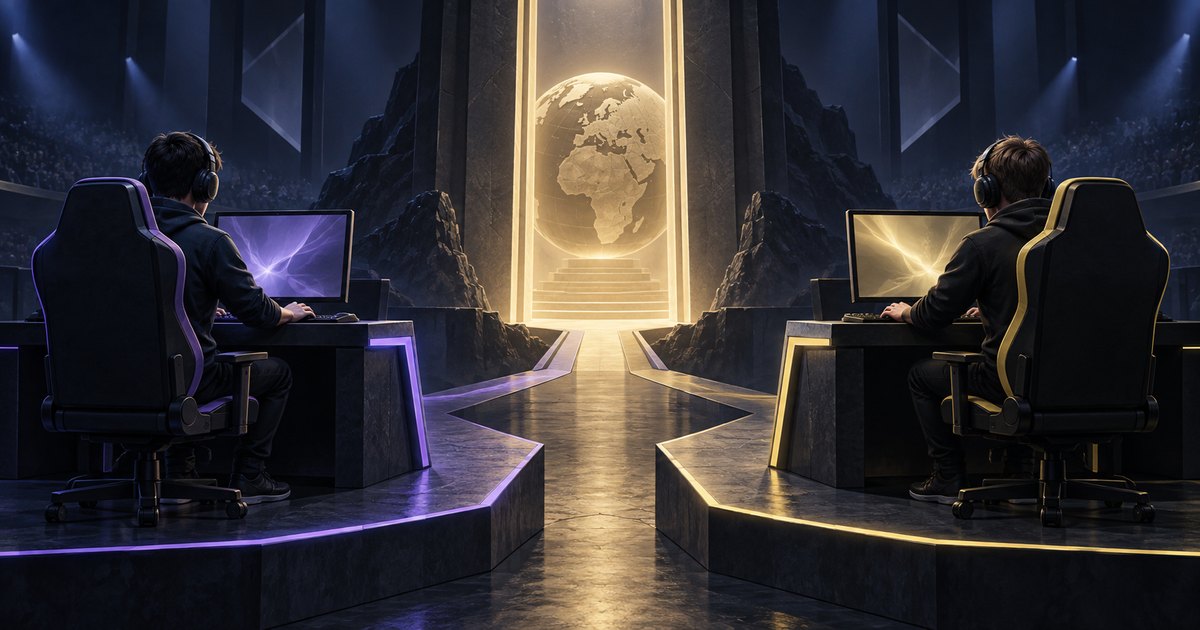 Editorial illustration: Two headset-wearing gamers sit at separate computer stations edged in purple and gold. A central walkway leads toward a glowing doorway framing a globe in a dark arena.