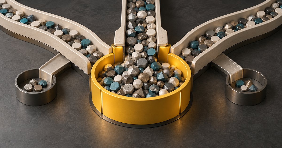 Editorial illustration: Three channels filled with assorted metallic and teal tokens converge into a large gold basin, flanked by two smaller dark bowls containing a few tokens.