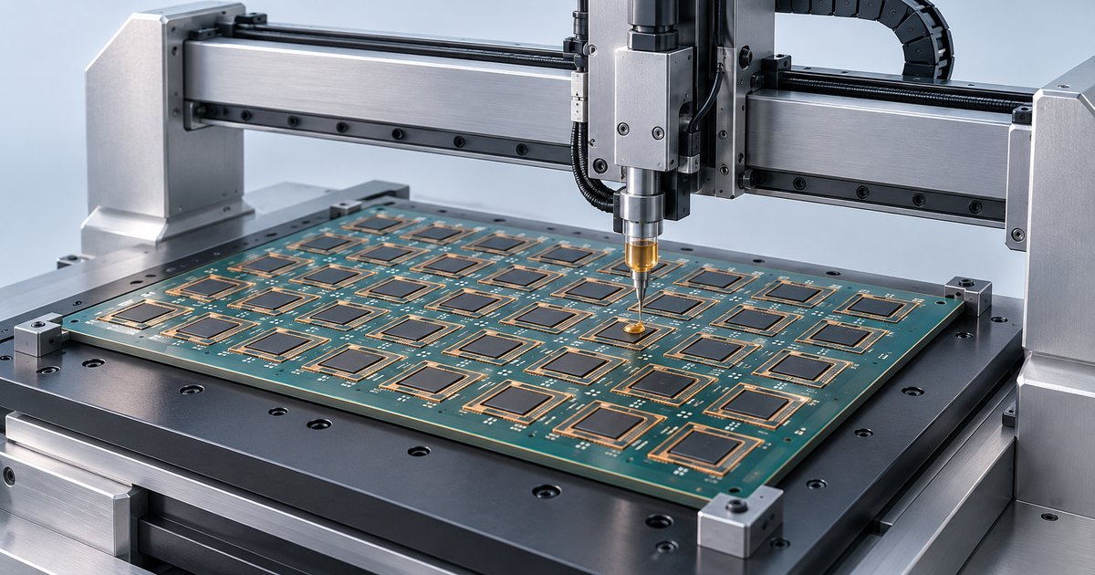Editorial illustration: A metal gantry positions a fine dispensing nozzle above a green panel of black semiconductor packages, depositing a small golden droplet.