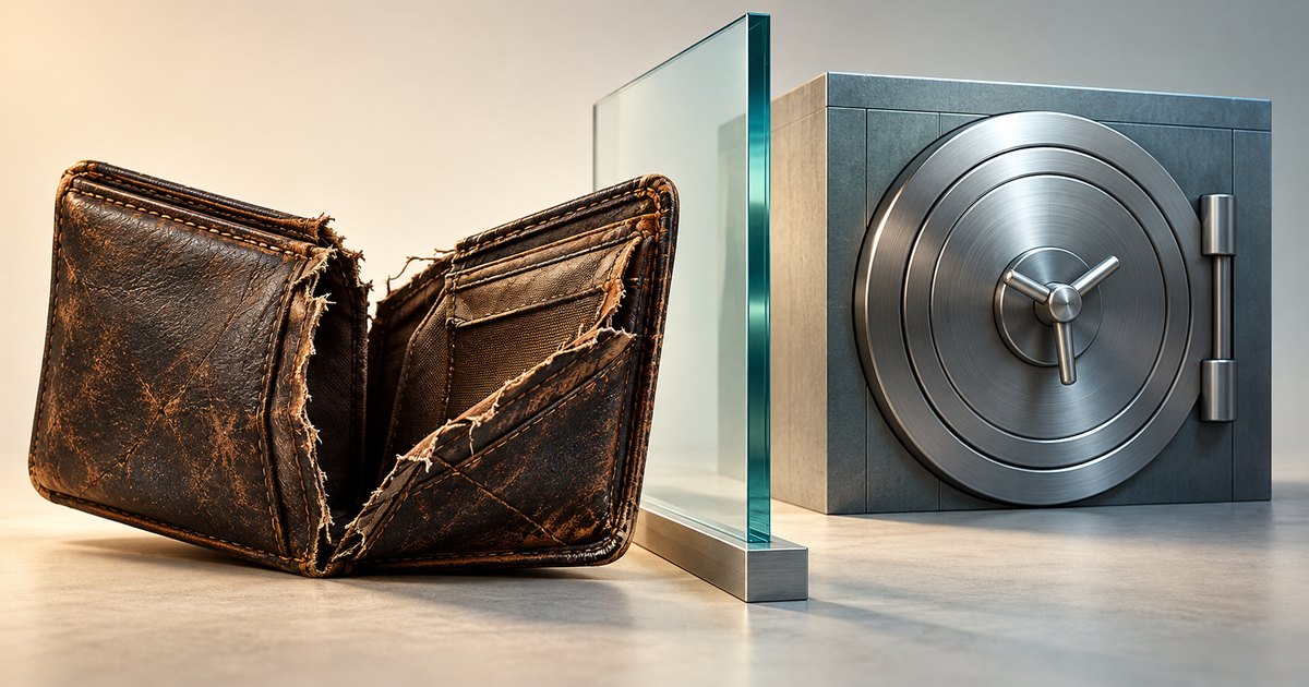 Editorial illustration: A torn, worn leather wallet sits beside a glass divider, with a closed steel vault on the other side.