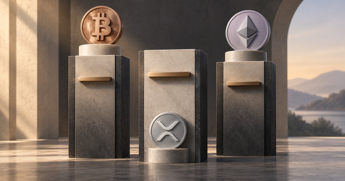 Editorial illustration: Bitcoin and ether coins sit atop stone pedestals above gold bars, while an XRP coin rests near the base of a central pedestal below its gold bar.