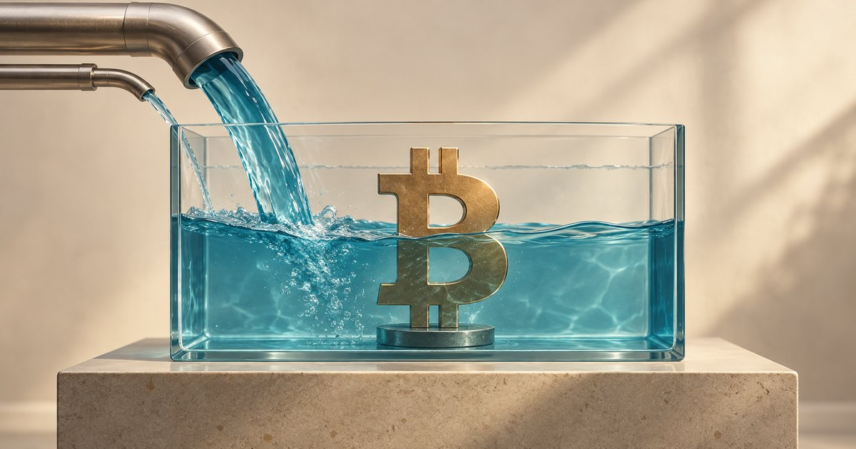 Editorial illustration: Two metal pipes pour blue water into a glass tank containing a gold Bitcoin symbol on a round pedestal, with warm sunlight casting diagonal shadows behind it.