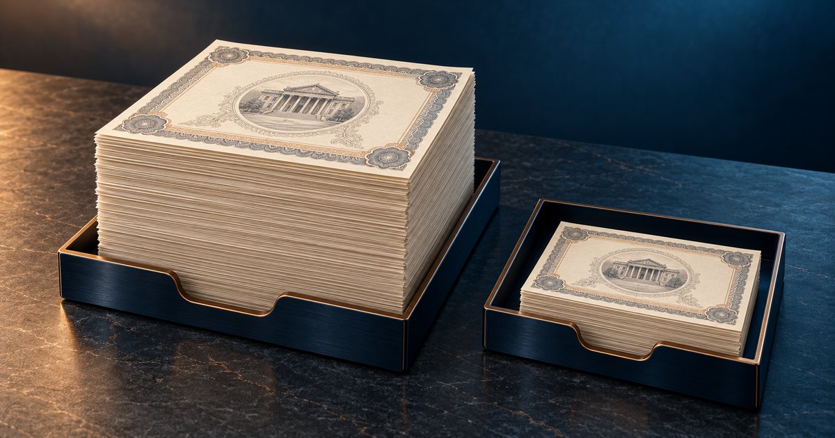 Editorial illustration: A tall stack of ornate paper certificates in a dark tray beside a much smaller stack in a matching tray on a stone tabletop.
