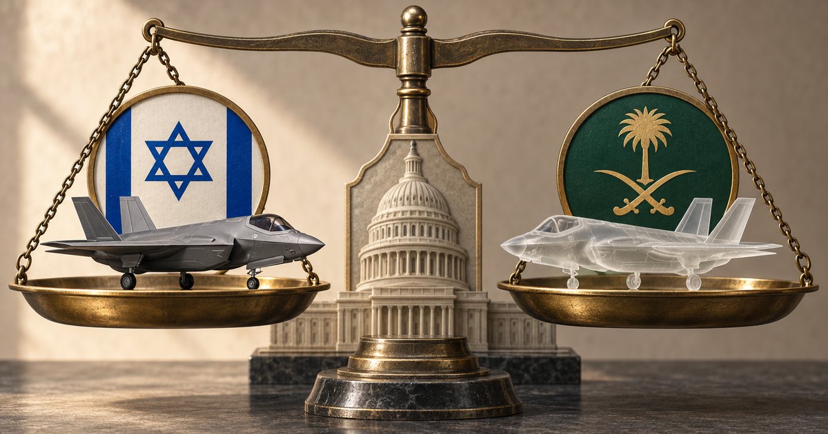 Editorial illustration: A brass balance scale holds a solid gray fighter jet before an Israeli flag motif and a translucent fighter before a Saudi palm-and-crossed-swords emblem. A miniature US Capitol stands at the center.
