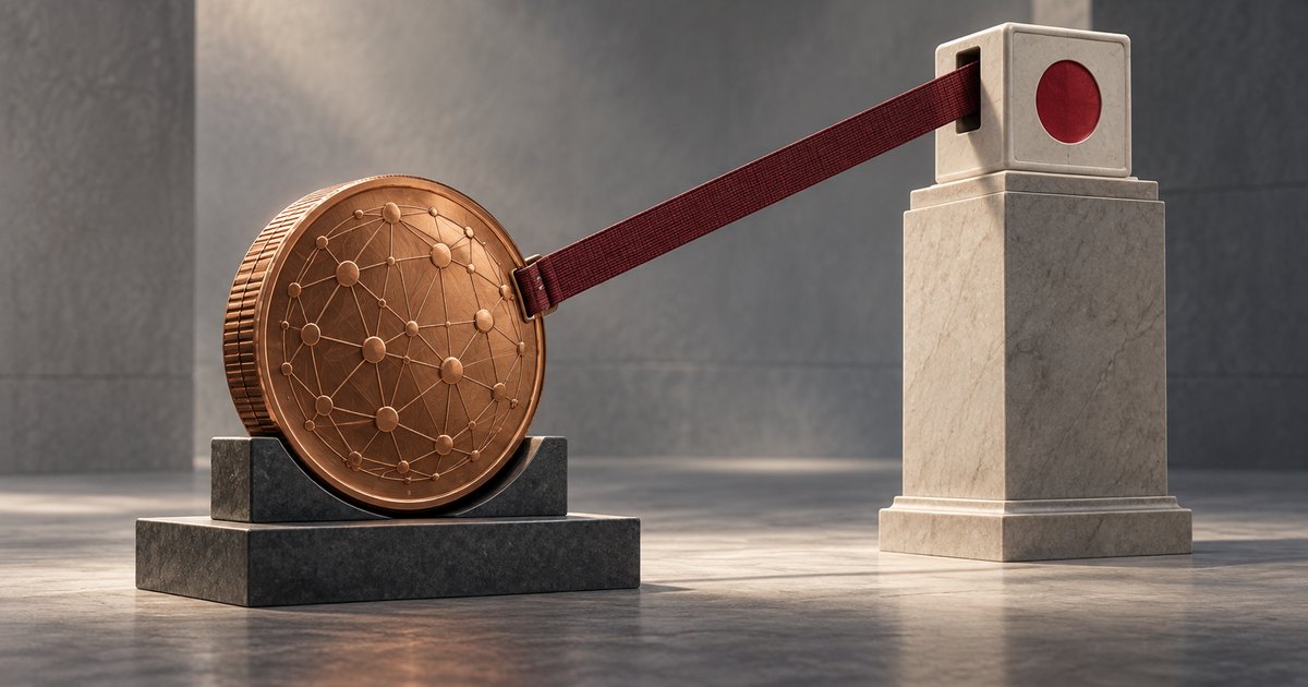 Editorial illustration: A bronze coin embossed with interconnected nodes rests on a dark stone base, linked by a taut burgundy belt to a pale stone pedestal topped with Japan’s flag.