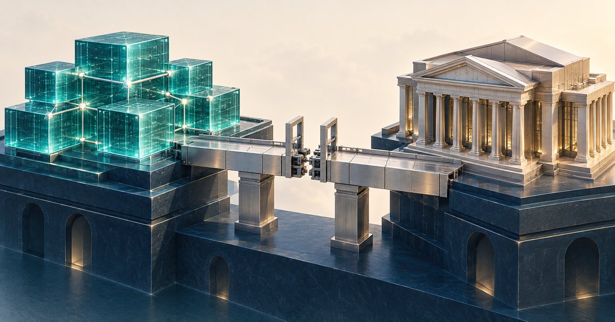 Editorial illustration: Glowing teal cubes and a columned stone financial building stand on dark platforms, with metal bridge sections extending toward a narrow central gap.