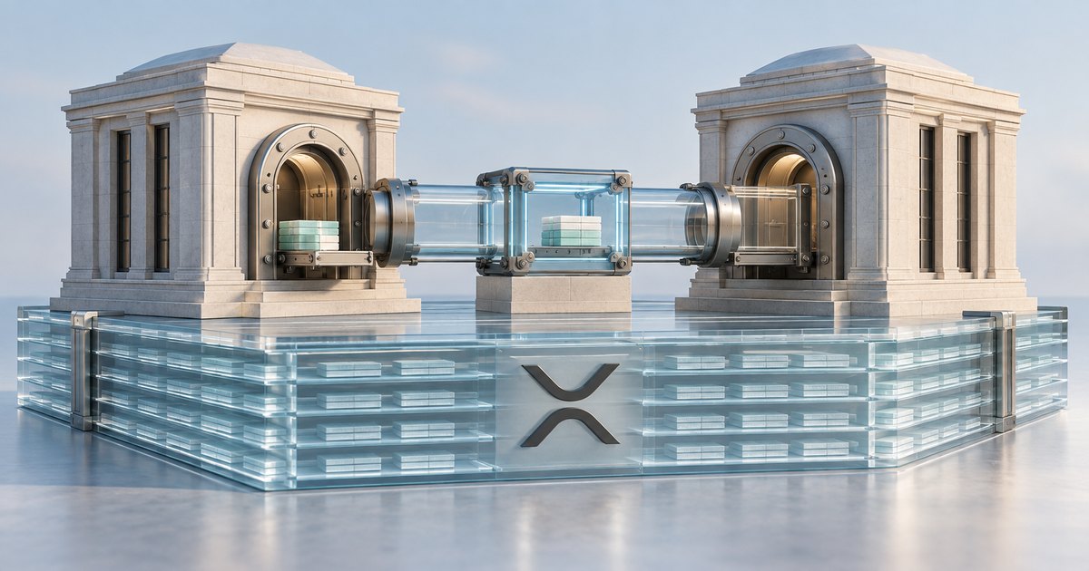 Editorial illustration: Two stone bank vaults connected by a glass conduit containing pale rectangular stacks, standing on a layered transparent platform with an XRP symbol.