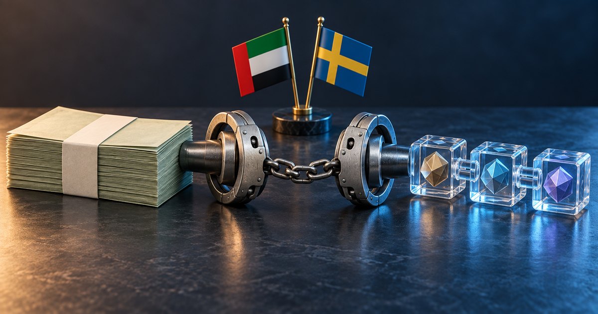 Editorial illustration: A bundled stack of cash and three transparent blocks containing colored crystals flank chained metal restraints on a dark tabletop. UAE and Swedish desk flags stand behind them.