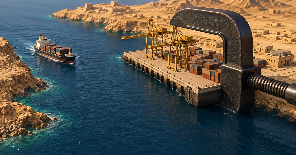 Editorial illustration: A giant metal clamp grips a quay lined with shipping containers and yellow cranes, while a cargo ship approaches through blue water beside an arid, rocky coast.