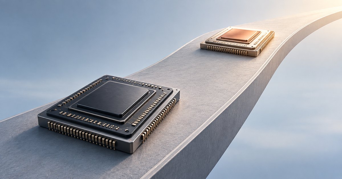 Editorial illustration: A large dark processor sits behind a smaller copper-colored processor on a raised, curving track extending toward warm light.