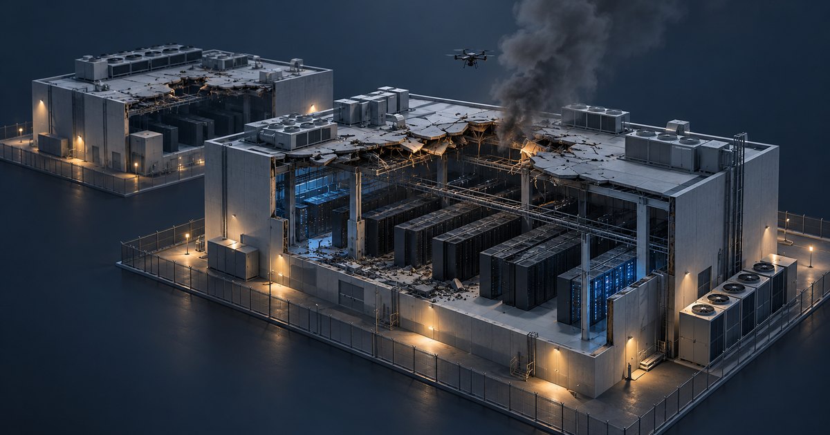 Editorial illustration: Two data centre buildings with broken roofs and exposed server racks. Smoke rises from the larger building, and a small drone hovers overhead.