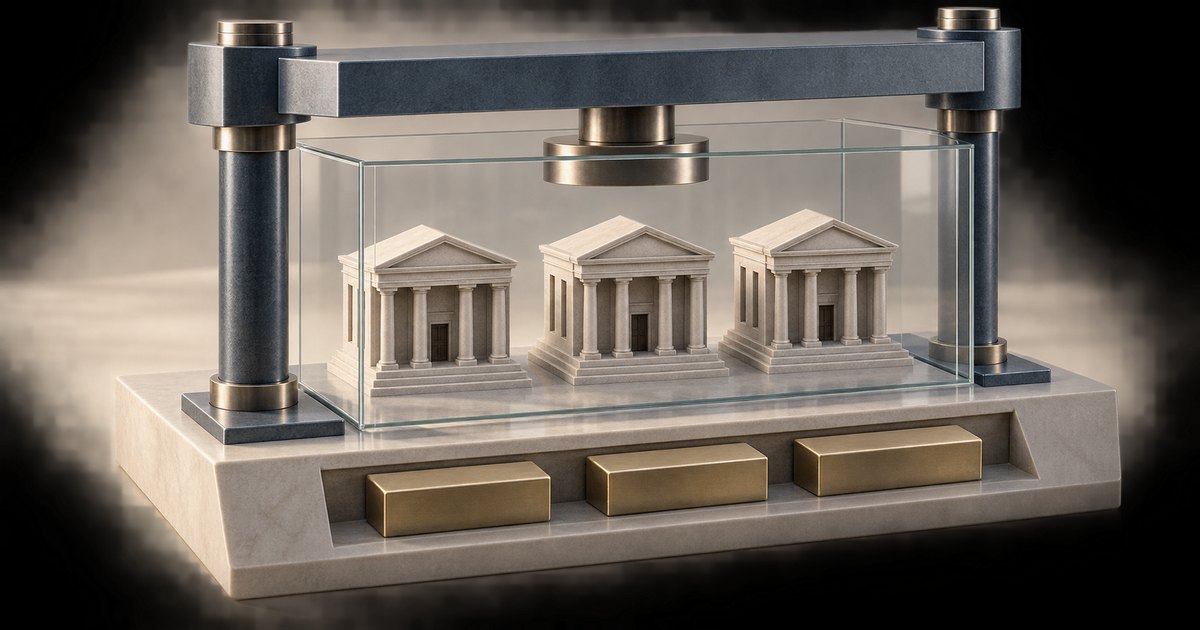 Editorial illustration: Three miniature classical bank buildings sit inside a glass enclosure beneath a metal press, with three gold bars arranged in the base.