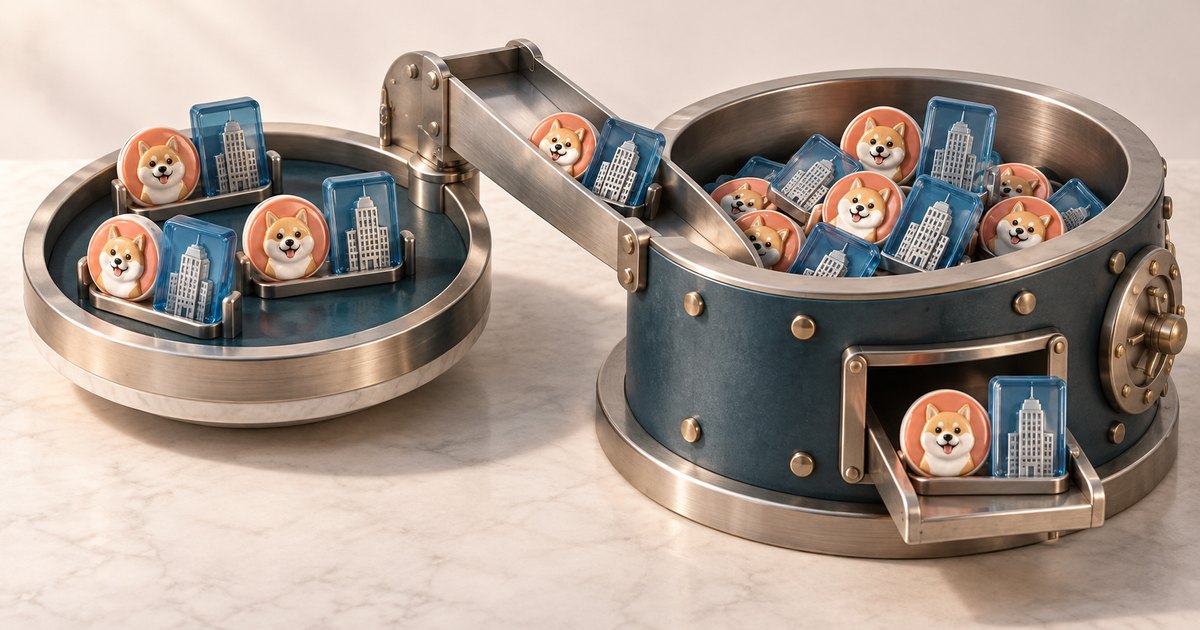 Editorial illustration: Orange dog tokens and blue skyscraper tiles sit in paired holders on a circular platform beside a metal vault filled with matching pieces. A chute connects the platform and vault, and another pair rests in its frontH