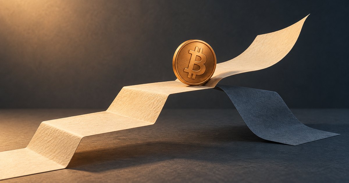 Editorial illustration: A gold Bitcoin coin stands on a rising, folded golden strip. Beyond the coin, the gold strip curves upward while a dark strip branches downward against a charcoal background.
