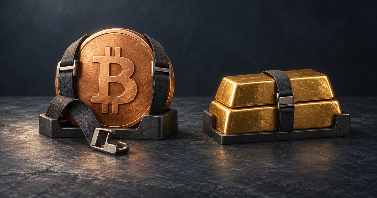 Editorial illustration: A large bronze Bitcoin coin and two stacked gold bars sit in dark metal cradles. Black straps surround both assets, with an unfastened belt extending forward from the Bitcoin coin.