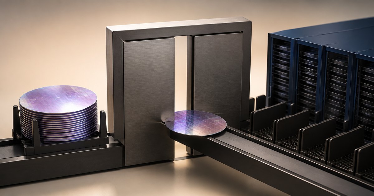 Editorial illustration: A stack of iridescent semiconductor wafers sits beside a narrow metal gateway, with one wafer on a conveyor leading toward dark server racks.