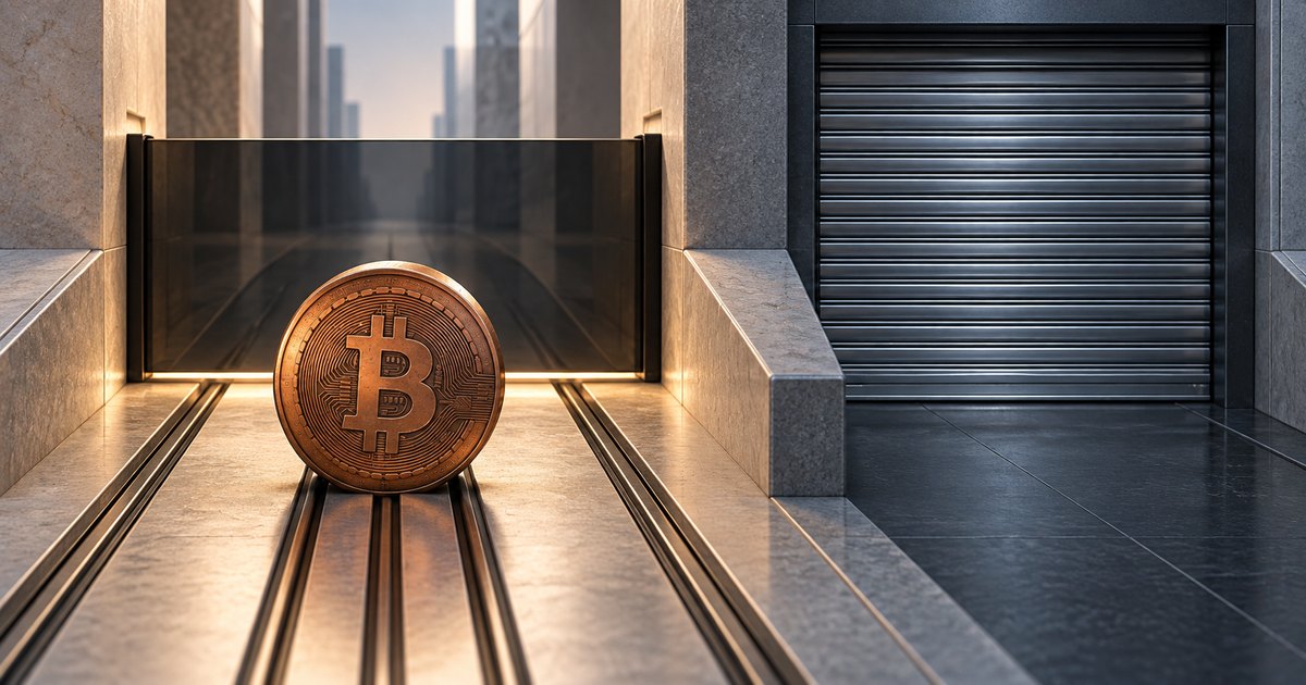 Editorial illustration: An upright bronze Bitcoin coin sits on floor tracks before a dark glass barrier, beside a closed metal shutter. Warm light illuminates the coin while the shuttered side remains cool and shadowed.