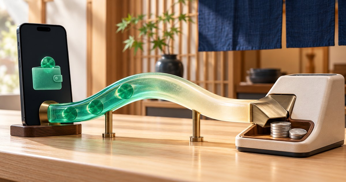 Editorial illustration: A smartphone displaying a green wallet connects through a curved, translucent green-to-gold channel to a countertop payment device holding silver coins, against a warm wooden interior with indigo curtains.
