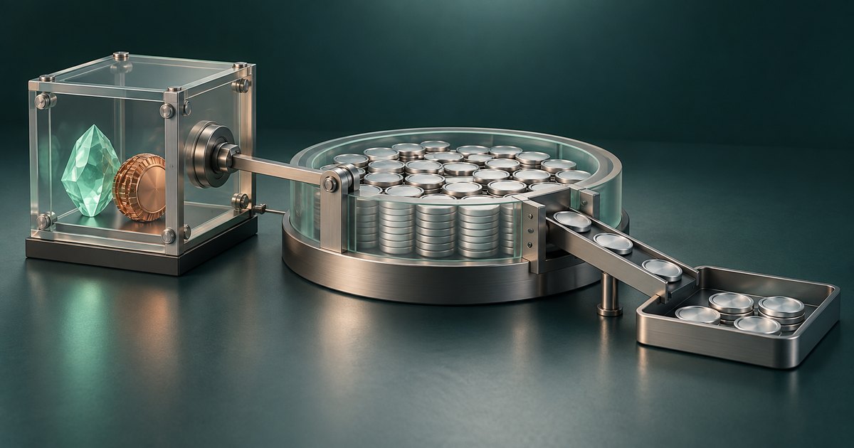 Editorial illustration: A glass vault containing a green gemstone and a copper-colored coin connects to a circular reservoir of silver coins, with a chute carrying coins into a tray.