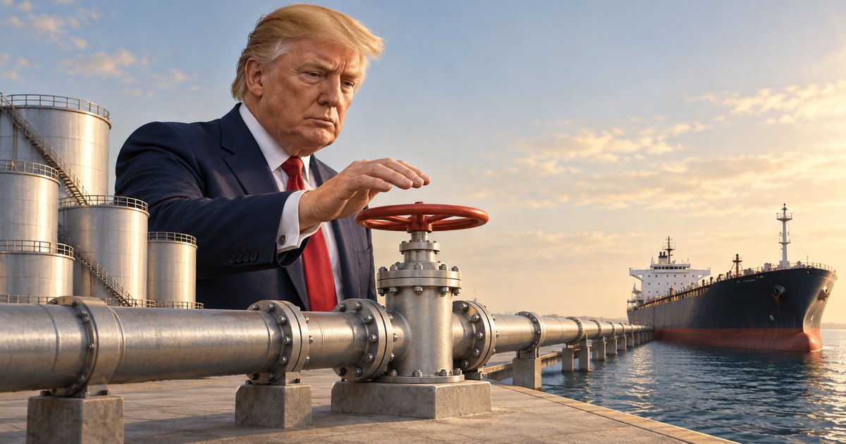 Editorial illustration: Donald Trump towers over waterfront storage tanks, holding his hand above a red pipeline valve. The pipeline extends toward a tanker on the water under a golden sky.