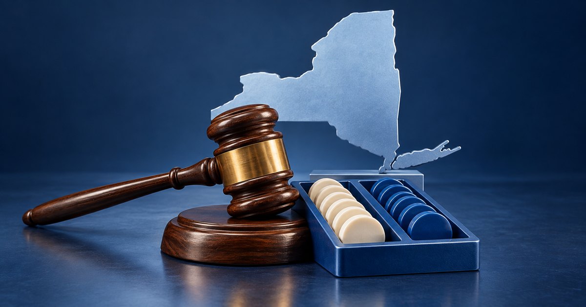 Editorial illustration: A wooden gavel rests on a sound block beside a blue tray of cream and blue gaming counters, with a pale blue silhouette of New York State behind them.