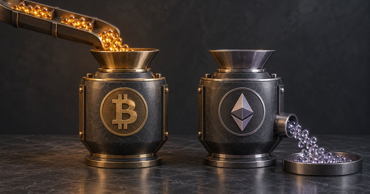 Editorial illustration: Gold beads pour into a metal vessel bearing the Bitcoin symbol, while violet beads spill from a neighboring vessel bearing the Ethereum symbol into a shallow tray.