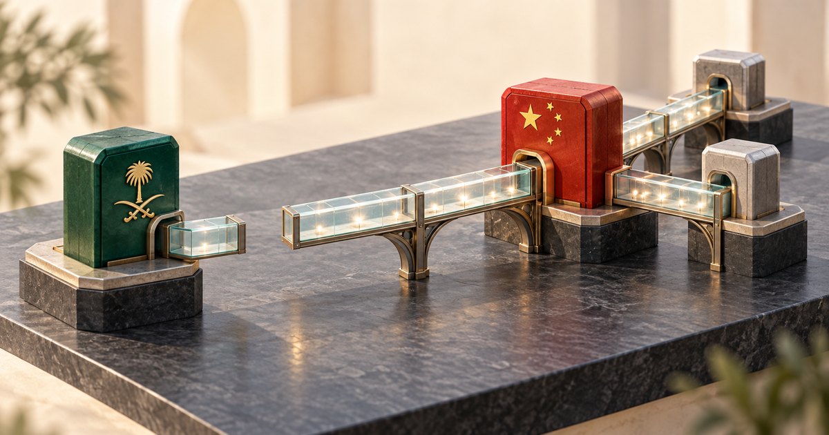 Editorial illustration: A green gateway bearing Saudi Arabia’s palm tree and crossed swords stands across a gap from a glass bridge leading to a red, China-marked hub. Other glass bridges connect the hub to two gray gateways.
