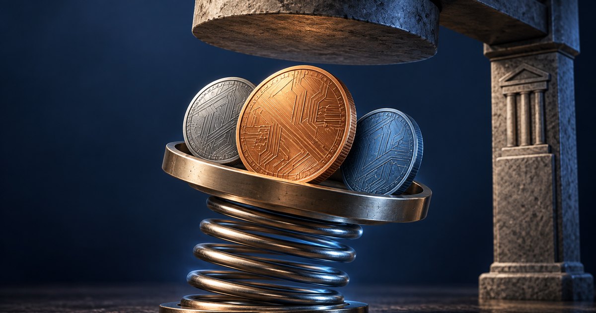 Editorial illustration: Three metallic coins with circuit patterns rest on a spring-mounted platform beneath a heavy stone press, beside a pillar bearing a classical bank emblem.