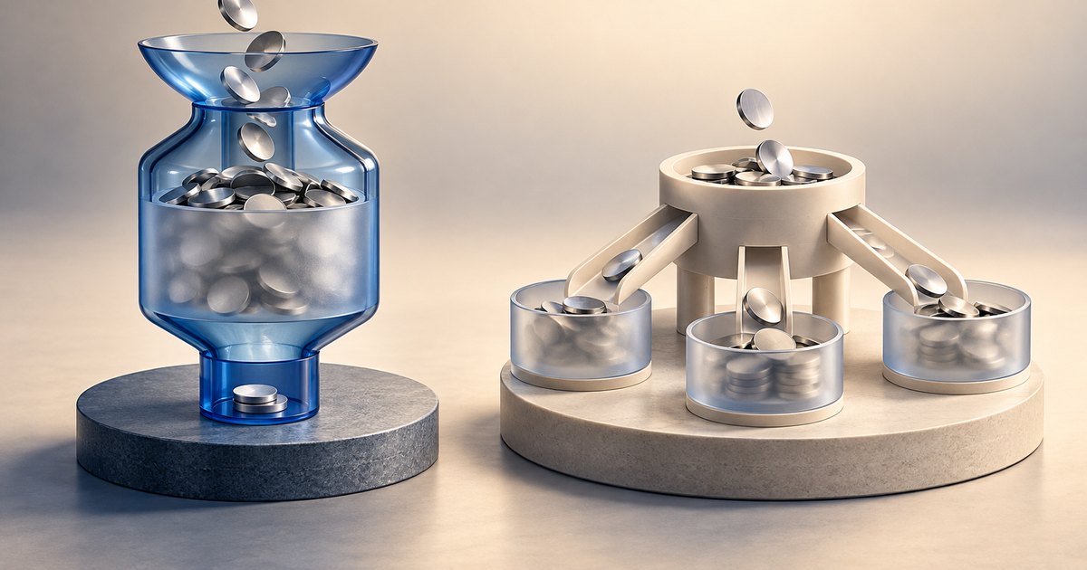 Editorial illustration: A blue glass vessel holds many silver coins above a narrow outlet, beside a cream-colored distributor routing coins down three chutes into separate containers.