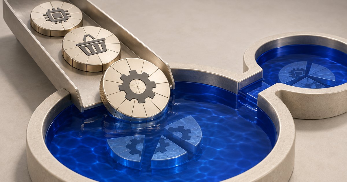 Editorial illustration: Metallic discs bearing microchip, shopping basket and gear symbols slide down a chute into connected pools of vivid blue liquid, where segmented discs sit submerged.