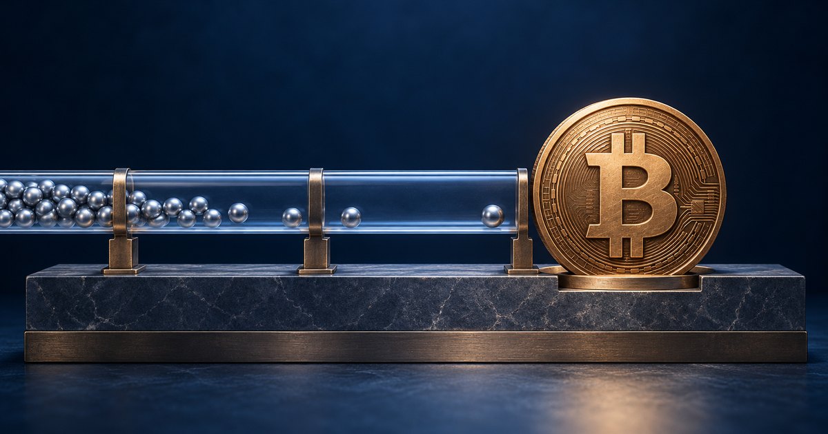 Editorial illustration: A gold Bitcoin coin stands on a dark stone pedestal beside a horizontal glass tube containing silver spheres, densely clustered on the left and increasingly spaced toward the coin.