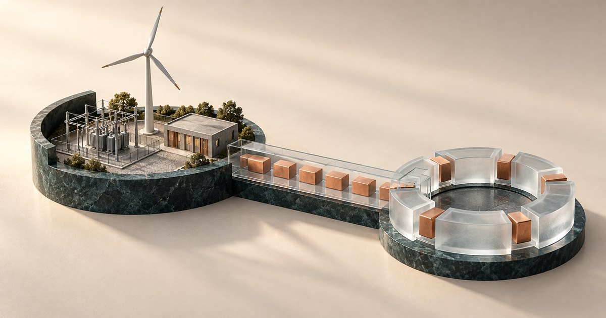 Editorial illustration: A wind turbine, electrical substation and small building occupy a raised platform connected by a transparent bridge carrying copper blocks to a segmented glass ring.