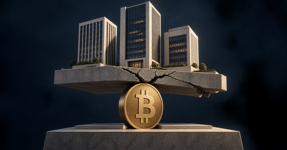 Editorial illustration: Three office towers sit on a fractured concrete platform supported by a single upright gold Bitcoin coin against a dark background.