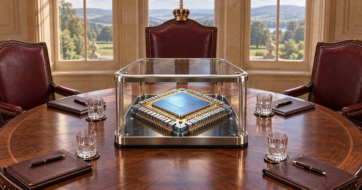 Editorial illustration: An oversized microchip sits inside a transparent protective case on a polished conference table. A crown tops the central burgundy chair, with notebooks, pens and crystal glasses arranged around the table.