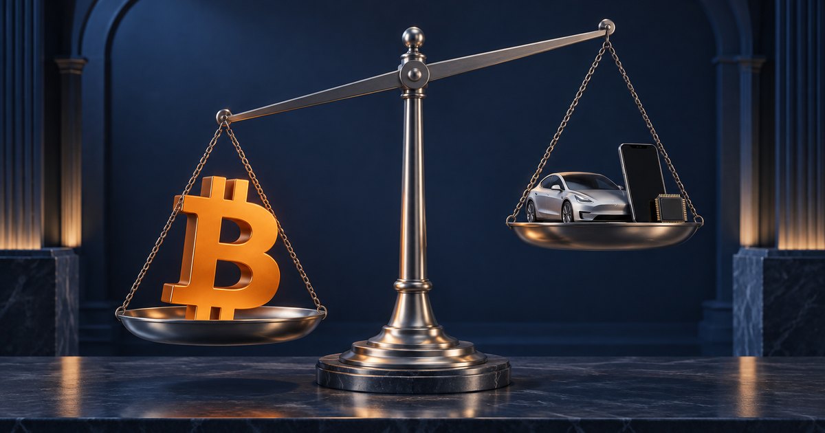Editorial illustration: A gold Bitcoin symbol sits in the lower left pan of a metal balance scale, outweighing a silver car, black smartphone and microchip in the raised right pan against a dark blue architectural background.
