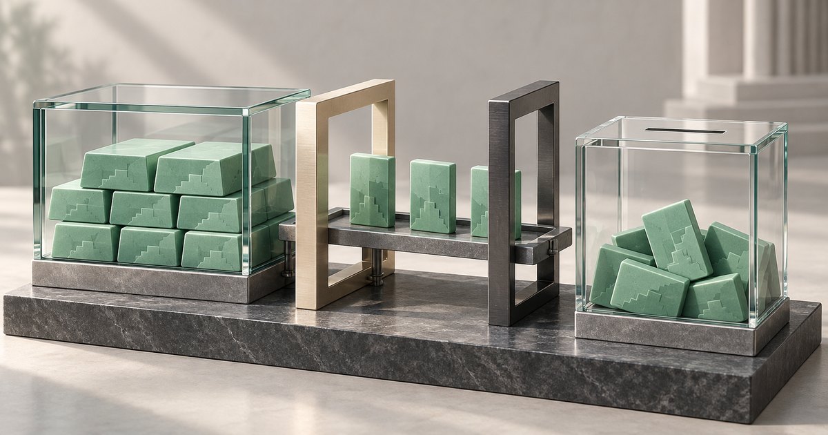 Editorial illustration: Green ingots stacked inside a glass case sit beside a conveyor holding upright green tiles. Two metal frames separate the stack from a glass ballot box containing loosely piled tiles.
