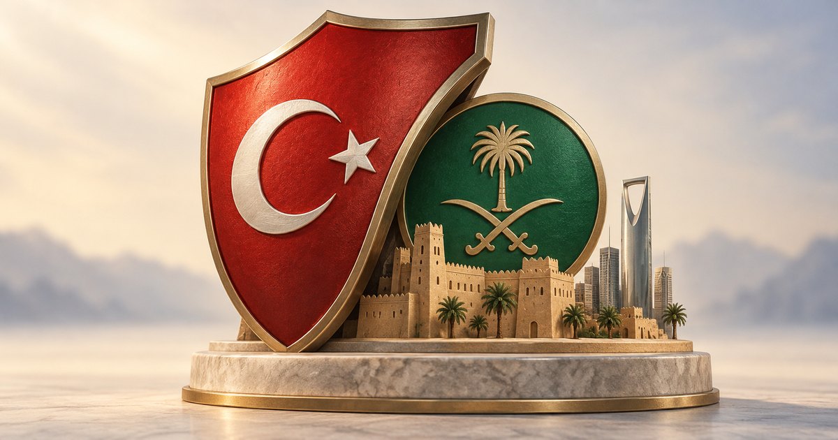 Editorial illustration: A large red shield bearing Turkey’s crescent and star stands in front of a green Saudi palm-and-crossed-swords emblem, with sand-colored fortifications, palm trees and modern towers on a stone pedestal.