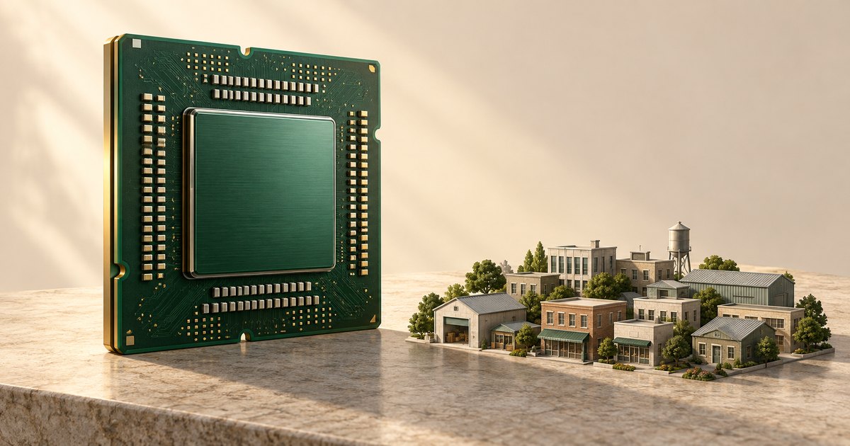 Editorial illustration: A large upright green microchip dwarfs a miniature cluster of shops and industrial buildings on a stone surface in warm light.