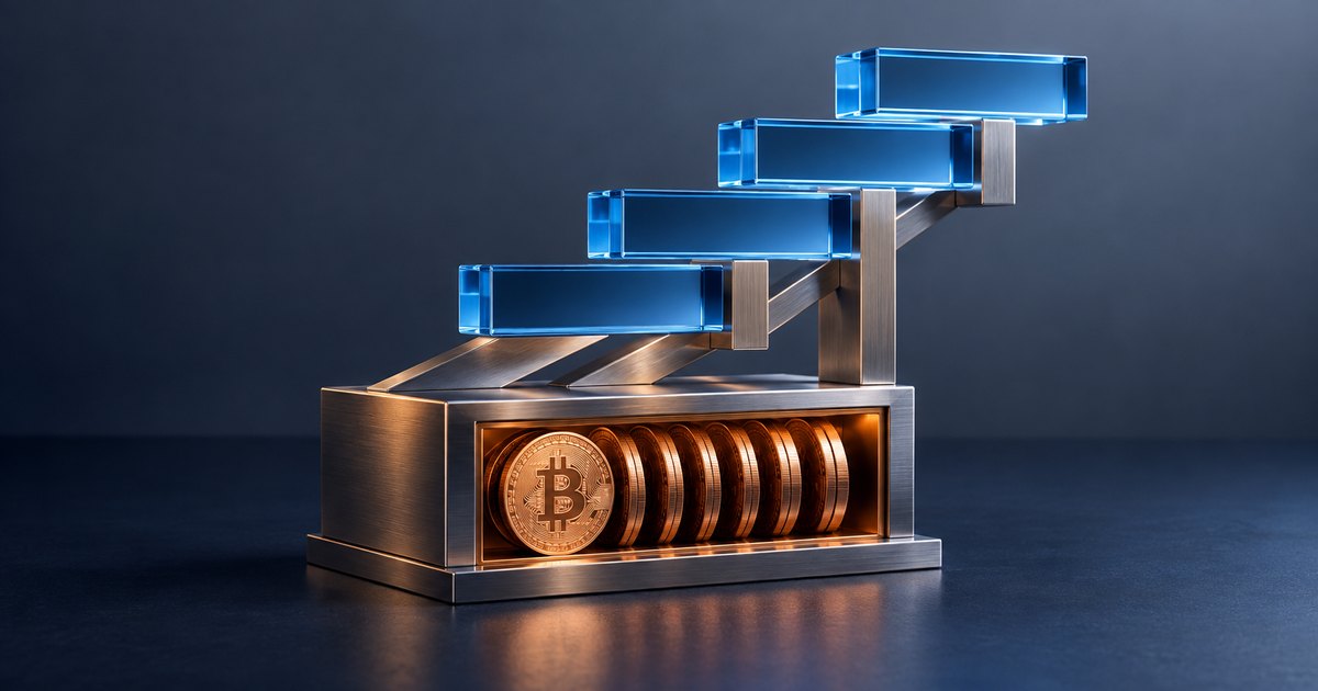 Editorial illustration: Four blue glass blocks ascend on metal supports above a bronze-colored base containing a row of coins, with a Bitcoin symbol visible on the front coin.