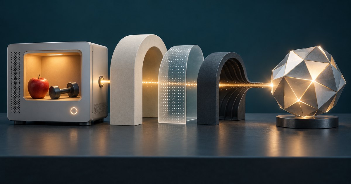 Editorial illustration: An apple and dumbbell sit inside a small illuminated computer-like enclosure. A golden beam passes through three distinct arch-shaped structures toward a glowing faceted sphere.