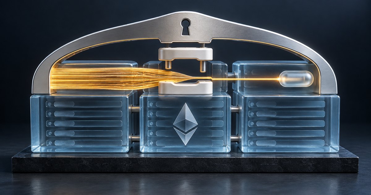 Editorial illustration: A silver lock-shaped arch spans translucent server blocks, with an Ethereum symbol on the central block. Numerous golden strands narrow through a central mechanism into a single beam.