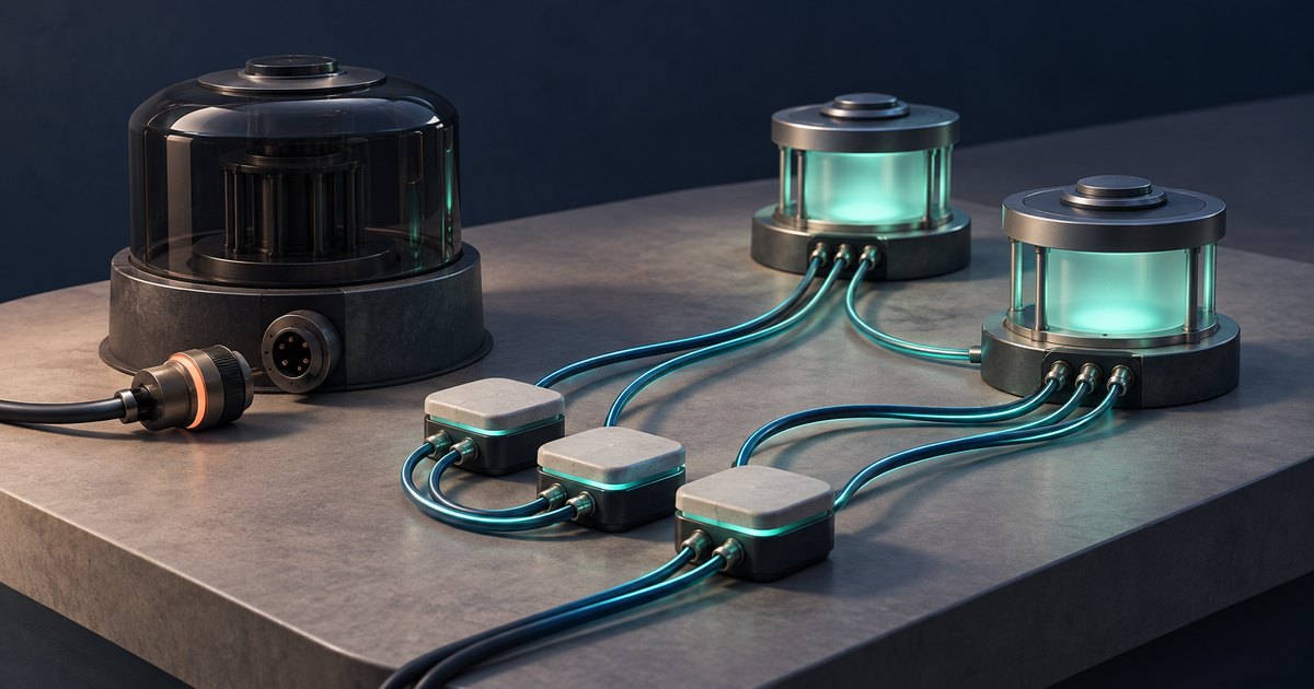 Editorial illustration: A dark cylindrical hub sits beside a disconnected plug, while cables link three small modules to two glowing turquoise hubs.