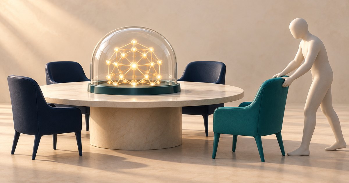 Editorial illustration: A faceless figure positions a teal chair beside a round table with three dark chairs. A glowing network of connected nodes sits under a glass dome at the center.