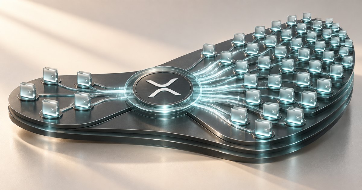 Editorial illustration: Glowing paths connect a central XRP emblem to a few silver wallets on the left and a large array of wallets on the right, arranged on a dark metallic platform.