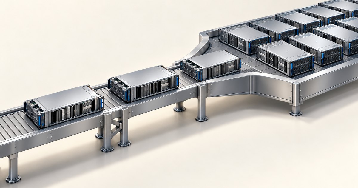 Editorial illustration: Silver server units on a metal conveyor leading diagonally toward rows of servers against a cream background.